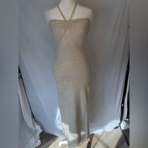 Wild Fable cream sweater dress with gold metallic strings and sequin detail